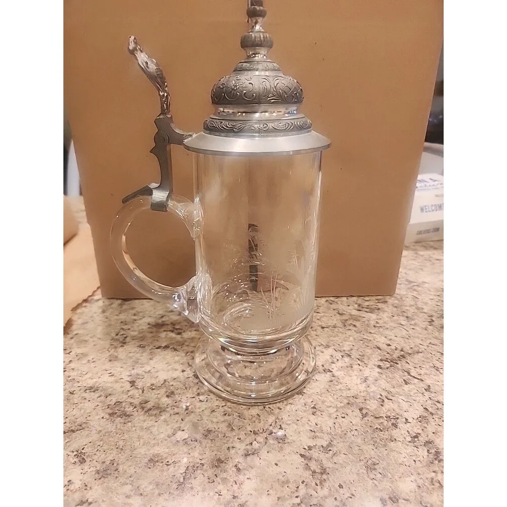Vintage Crystal Glass Beer Stein‎ Pine Trees Etching Pewter Lid No Name